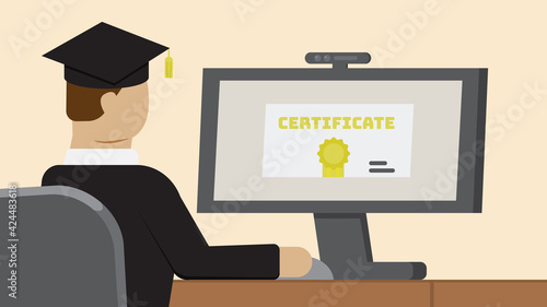 vector illustration of online graduation in social distancing quarantine with communicate via video call