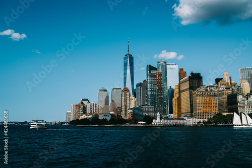 Contemporary skyscrapers near river in New York City