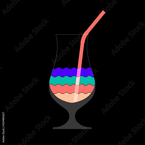 Colorful layered cocktail drink icon. Tall glass. Vector illustration isolated on black