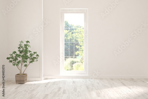 White empty room with summer landscape in window. Scandinavian interior design. 3D illustration