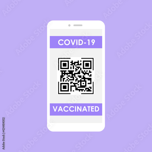 Design of coronavirus vaccine passport with QR code and mark vaccinated on smartphone screen.  Vector illustration on isolated background.