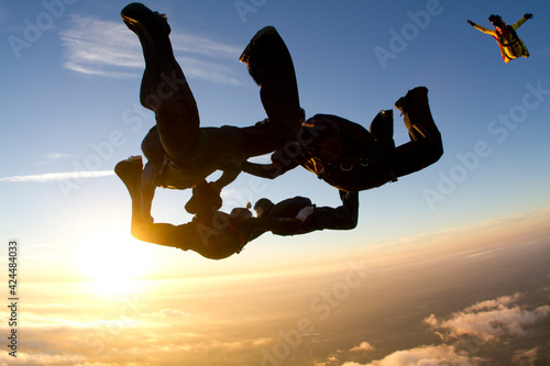 silhouette of skydive people in freefall at sunset