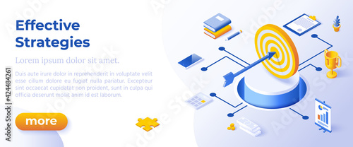 EFFECTIVE STRATEGY - Isometric Design in Trendy Colors Isometrical Icons on Blue Background. Banner Layout Template for Website Development