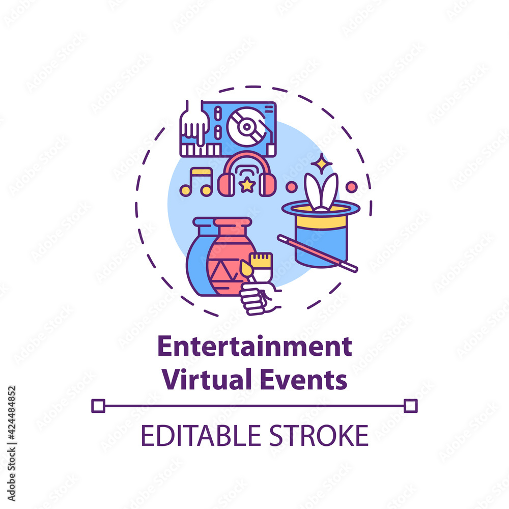 Entertainment virtual events concept icon. Sessions type idea thin line illustration. Online gatherings. Educational video classes. Vector isolated outline RGB color drawing. Editable stroke