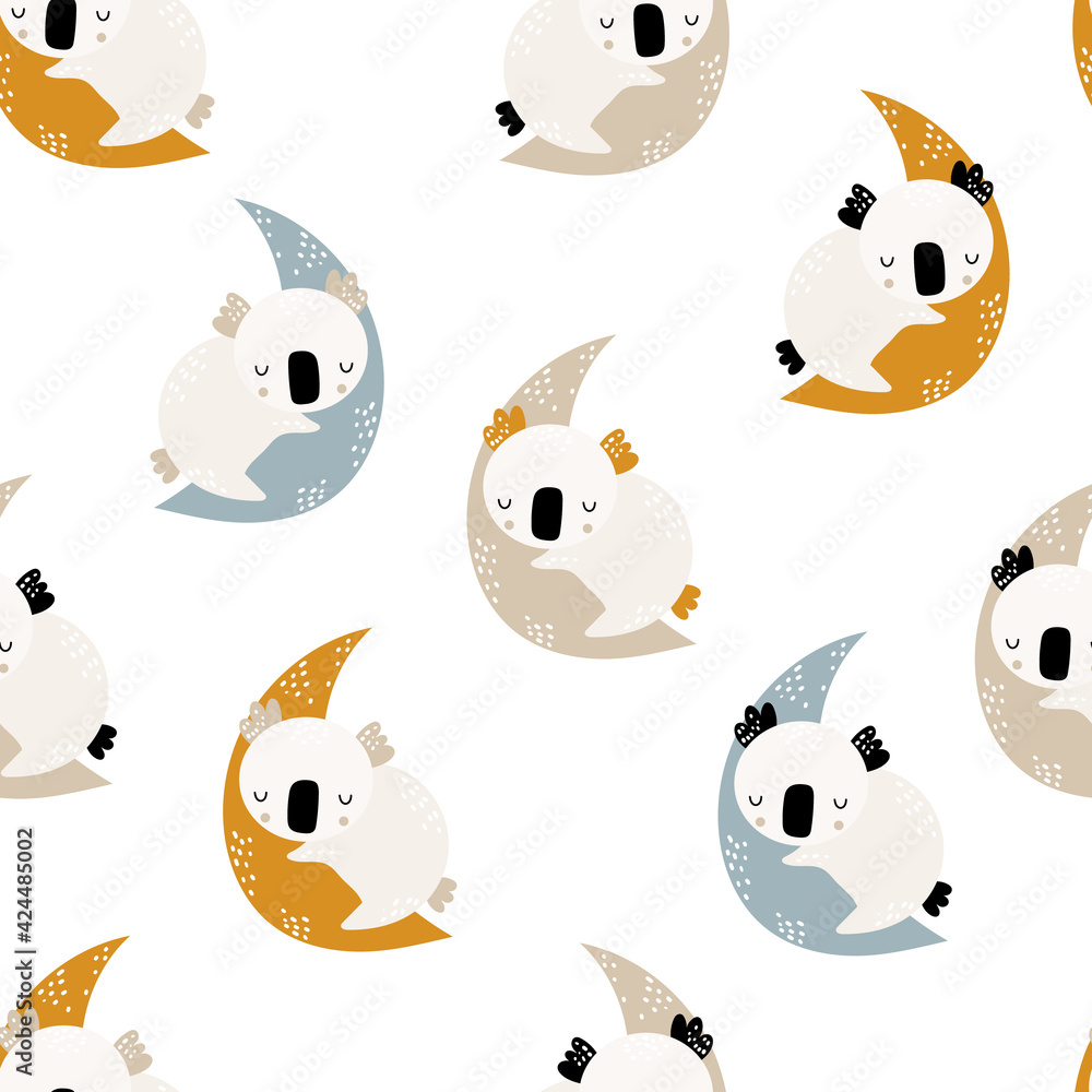 Seamless childrens hand-drawn pattern with cute sleeping koala on the moon. Creative kids texture for fabric, wrapping, textile, wallpaper, apparel. Vector illustration.