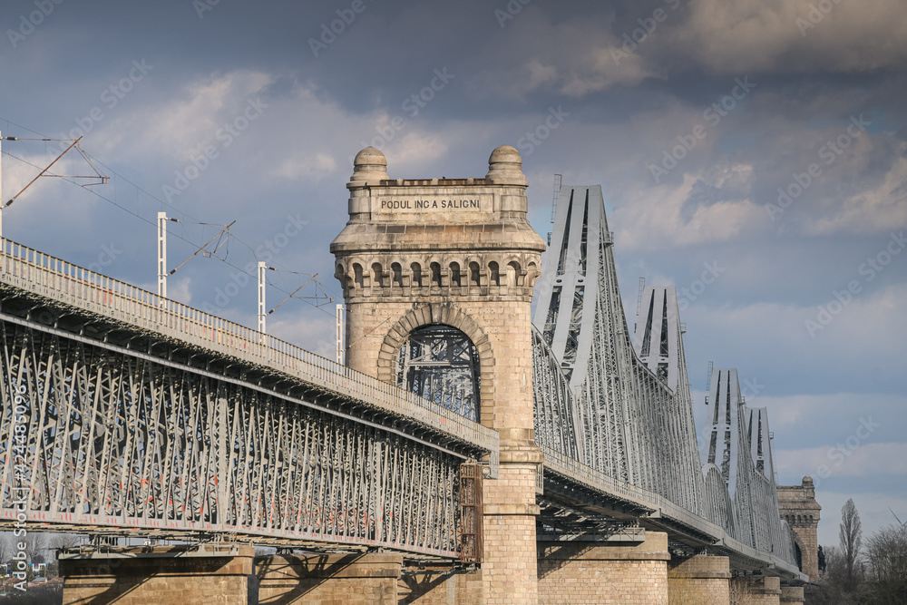 Cernavoda Bridge on A2 highway in Romania. The road to Black Sea. Historic infrastructure over Danube River.