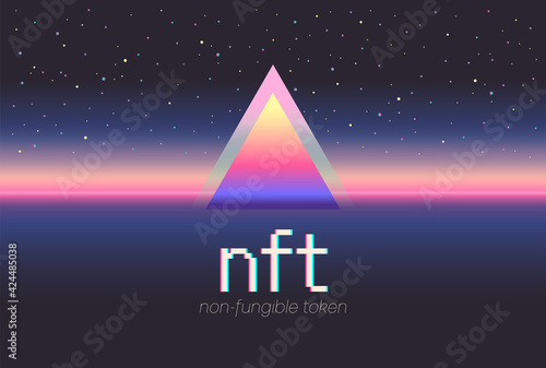 NFT non-fungible token. Text. Vector futuristic cryptography wallpaper. Retro wave, synthwave, rave, vapor, synth. Blue, black, pink purple color. Trendy vintage 80s, 90s style. Print, poster, banner