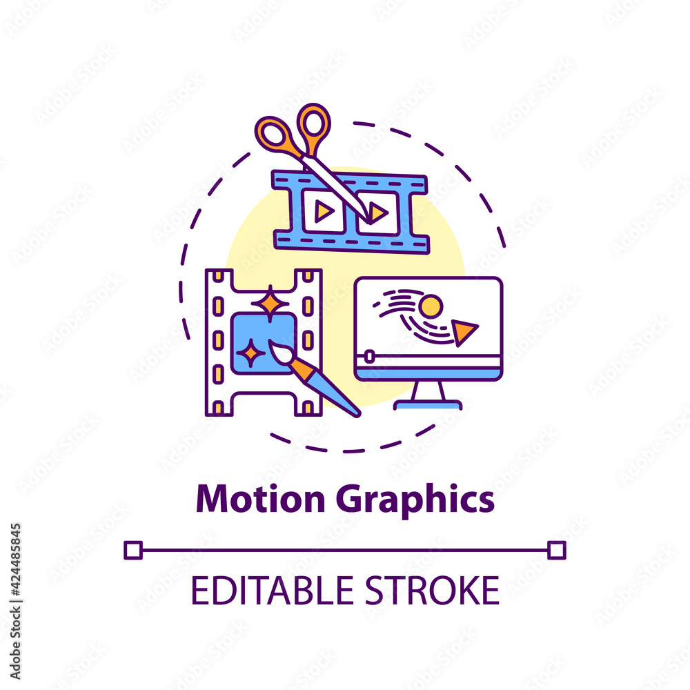 Motion graphics concept icon. Virtual event content idea thin line illustration. Audio, animation mix. Live show graphics development. Vector isolated outline RGB color drawing. Editable stroke Motion graphics concept icon. Virtual event content idea thin line illustration. Audio, animation mix. Live show graphics development. Vector isolated outline RGB color drawing. Editable stroke