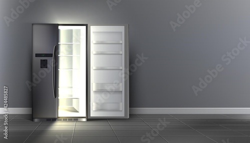 3d realistic vector open empty fridge with shelves in the room.