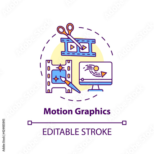 Motion graphics concept icon. Virtual event content idea thin line illustration. Audio, animation mix. Live show graphics development. Vector isolated outline RGB color drawing. Editable stroke