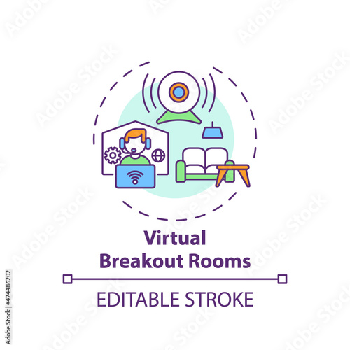 Virtual breakout rooms concept icon. VE success tip idea thin line illustration. Dividing attendees into small teams. Internet meeting. Vector isolated outline RGB color drawing. Editable stroke