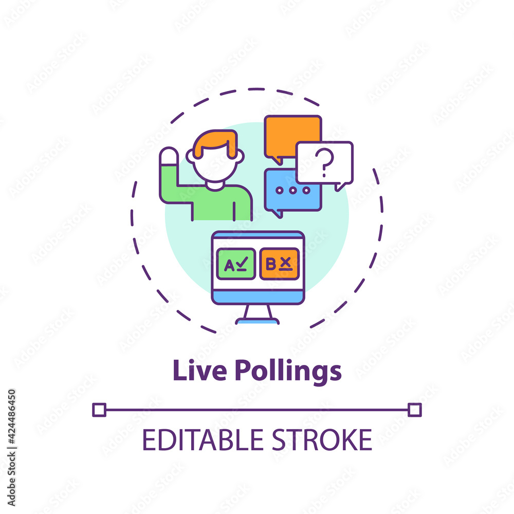 Live pollings concept icon. Virtual events success tip idea thin line illustration. Online audience engagement. Participants voting. Vector isolated outline RGB color drawing. Editable stroke Live pollings concept icon. Virtual events success tip idea thin line illustration. Online audience engagement. Participants voting. Vector isolated outline RGB color drawing. Editable stroke
