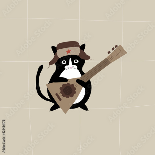 Сute russian black cat with a balalaika in a cap with earflaps. Traditions and culture of Russia. Russia travel vector illustration 