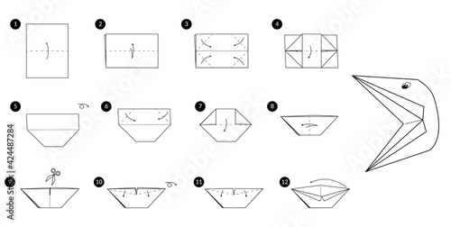 Crow head origami line monochrome instruction step by step. Illustration how to make hungry pinching raven beak from paper.
