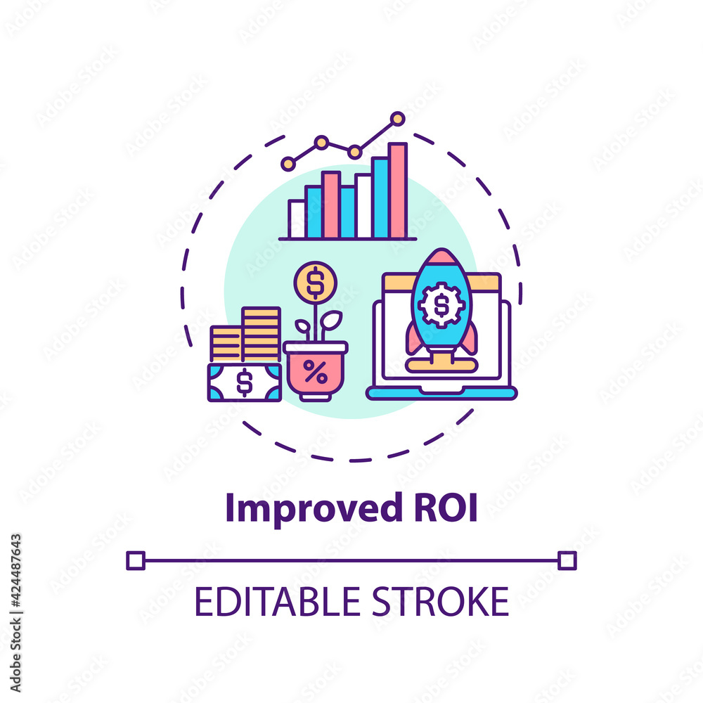 Improved ROI concept icon. Hybrid event idea thin line illustration. Sponsorship deals. Saving in venue costs. Increasing audience reach. Vector isolated outline RGB color drawing. Editable stroke