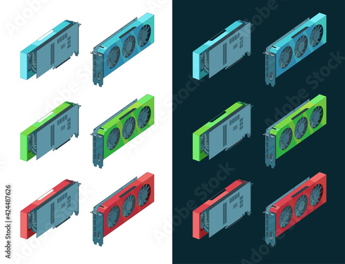 Video cards isometric color drawings Set