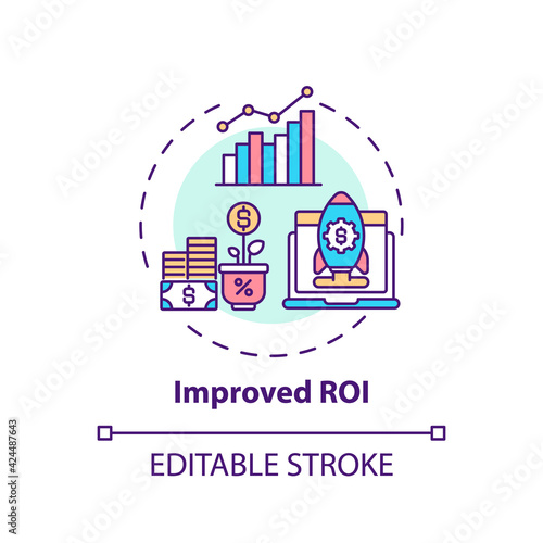 Improved ROI concept icon. Hybrid event idea thin line illustration. Sponsorship deals. Saving in venue costs. Increasing audience reach. Vector isolated outline RGB color drawing. Editable stroke