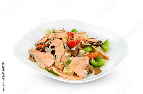 stir fried salmon with sweet bell pepper on dish isolated on white background ,include clipping path