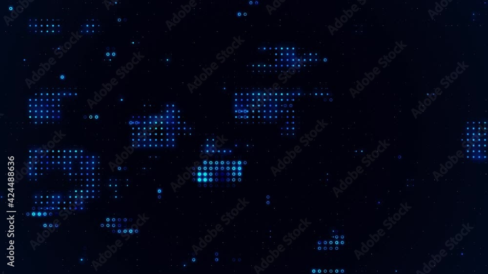 Moving futuristic digital circuit board technology visualization concept with neon blue data nodes loop