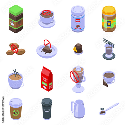 Decaffeinated coffee icons set. Isometric set of decaffeinated coffee vector icons for web design isolated on white background