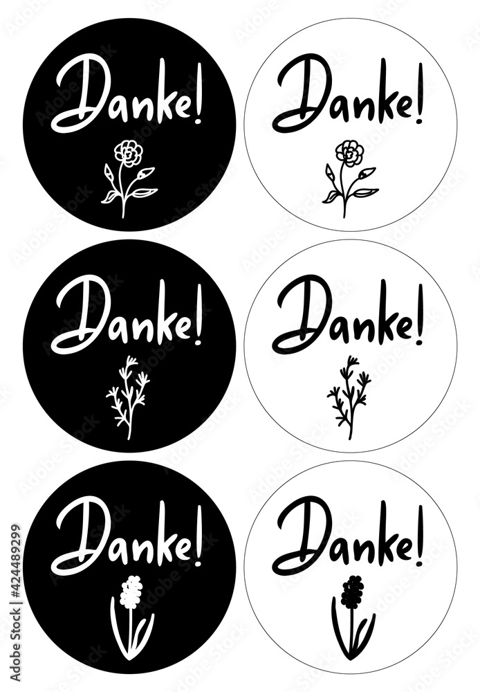 Obraz premium Vektor Vorlage für Sticker und Etiketten mit Danke! Schrift und Pflanzen Grafiken in jeweils schwarz und weiß.