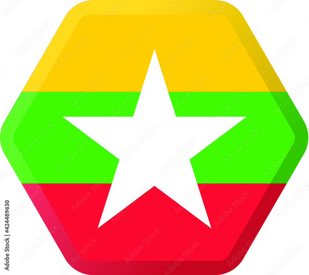 Flag of Myanmar hexagonal icon with smoothed corners, shadows and lights Flag of Myanmar hexagonal icon with smoothed corners, shadows and lights