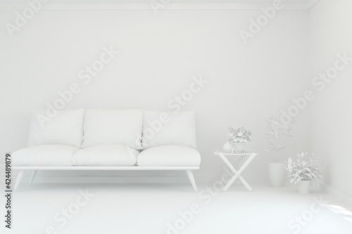 White minimalist living room with sofa. Scandinavian interior design. 3D illustration