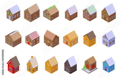 Gingerbread house icons set. Isometric set of gingerbread house vector icons for web design isolated on white background