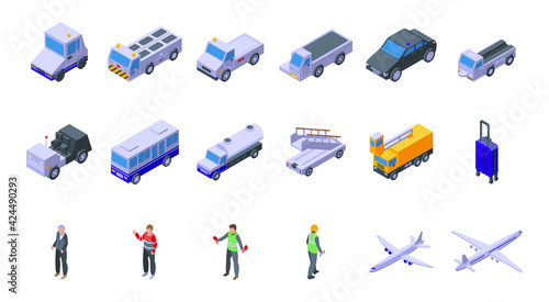 Airport ground support service icons set. Isometric set of airport ground support service vector icons for web design isolated on white background