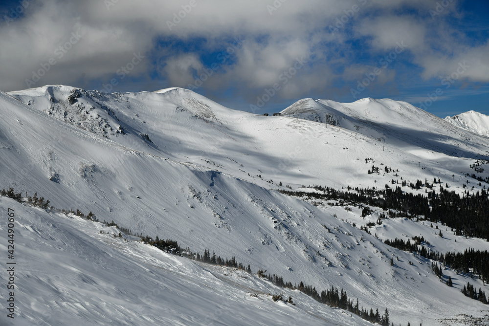 Winter landscape panoramic view to the Breckenridge ski resort, Colorado