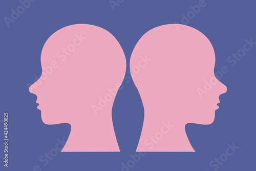 Two persons looking in different direction. Opposition illustration, love conflict. Human heads outlines. For prints, thumbnails, covers.
