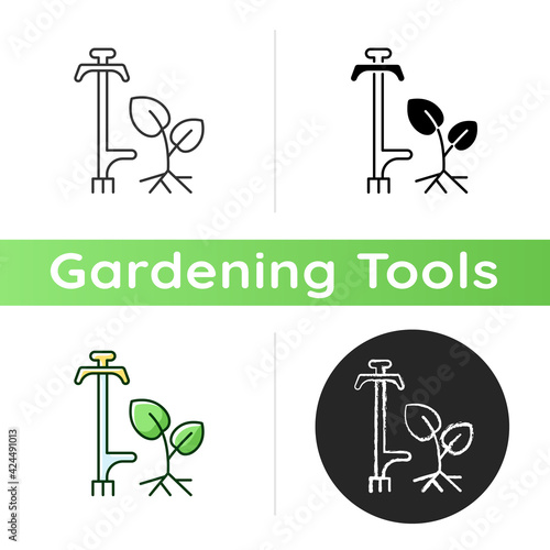 Weed puller icon. Garden and lawn care. Pulling tool. Removing unwanted deep-rooted weeds. Getting dandelions, thistles rid. Linear black and RGB color styles. Isolated vector illustrations