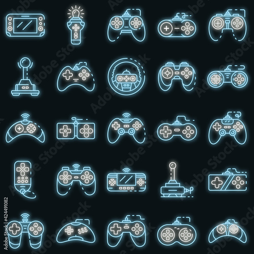 Joystick icons set. Outline set of joystick vector icons neon color on black