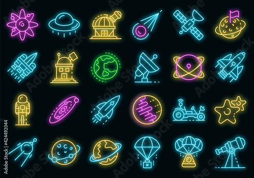 Space research technology icons set. Outline set of space research technology vector icons neon color on black