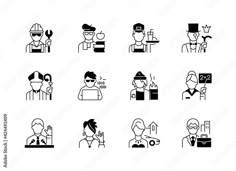 Social status black linear icons set. Lower and upper class. Political elite. Intelligentsia, aristocratic group. Computer expert. Glyph contour symbols. Vector isolated outline illustrations Social status black linear icons set. Lower and upper class. Political elite. Intelligentsia, aristocratic group. Computer expert. Glyph contour symbols. Vector isolated outline illustrations