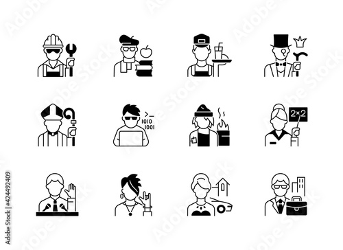 Social status black linear icons set. Lower and upper class. Political elite. Intelligentsia, aristocratic group. Computer expert. Glyph contour symbols. Vector isolated outline illustrations