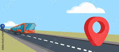 Vector image. Moving a bus on an asphalt road from one point to another point, which are marked with a red and blue mark. In a cartoon style. EPS 10