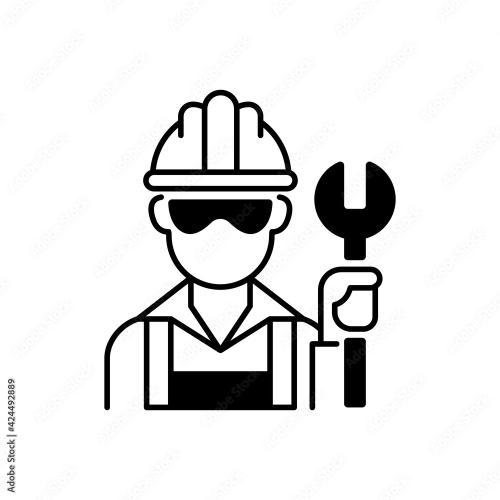 Blue collar worker black linear icon. Repairman with wrench. Mechanic with tool for construction work. Profession, occupation. Social class. Outline symbol on white space. Vector isolated illustration