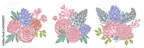 Flower bouquet of pastel peony, carnation, ranunculus, wax flower, ornithogalum, hyacinth