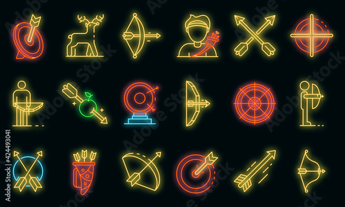 Archery icons set. Outline set of archery vector icons neon color on black