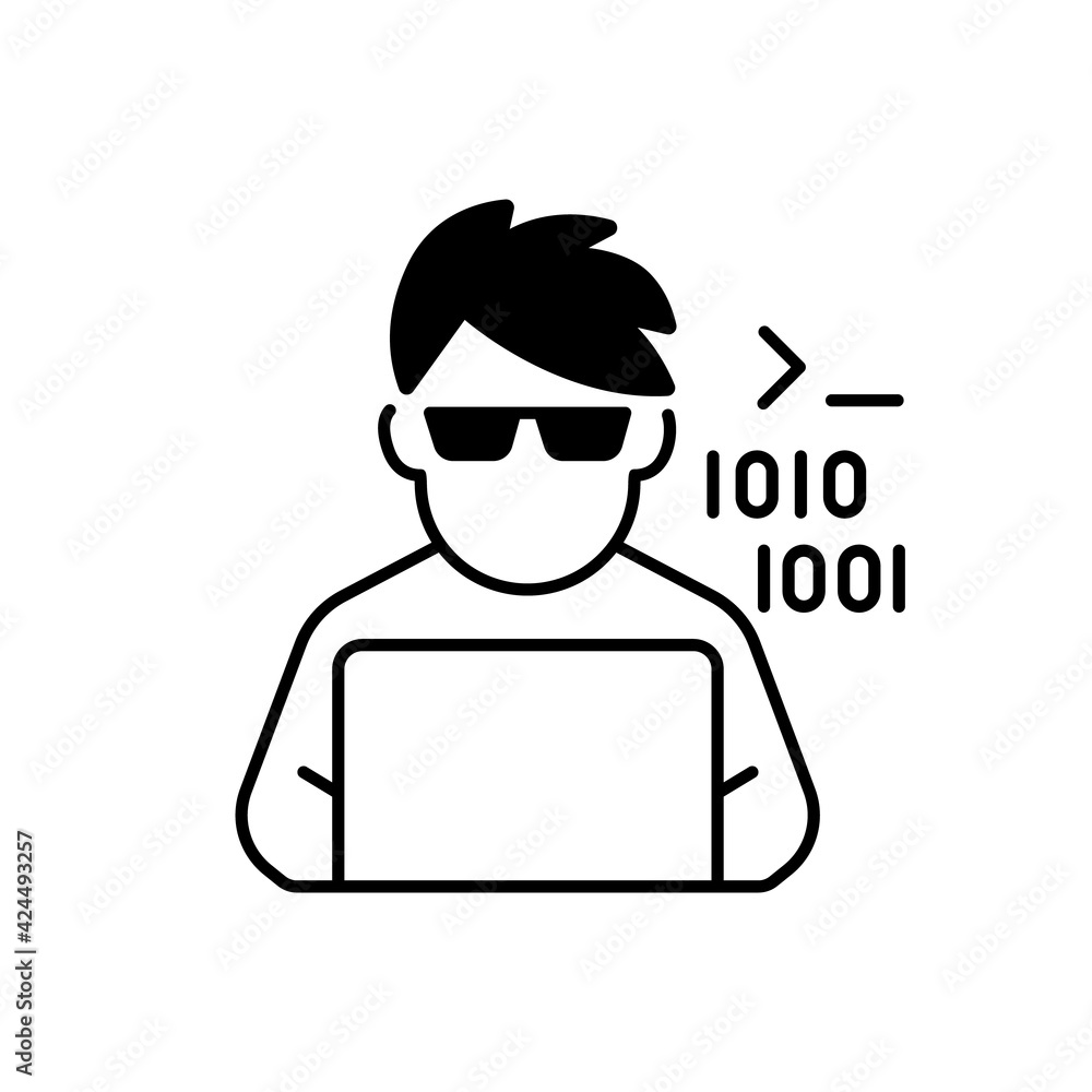 Programmer, computer expert black linear icon. Man coding on laptop. Freelance software developer at work. Coder at laptop. Social class. Outline symbol on white space. Vector isolated illustration Programmer, computer expert black linear icon. Man coding on laptop. Freelance software developer at work. Coder at laptop. Social class. Outline symbol on white space. Vector isolated illustration