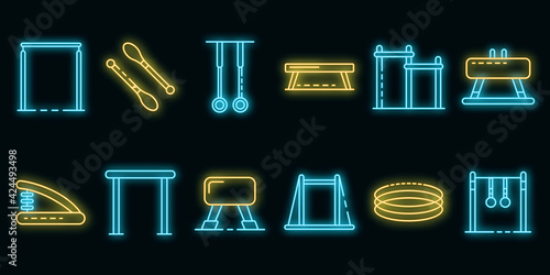 Gymnastics equipment icons set. Outline set of gymnastics equipment vector icons neon color on black