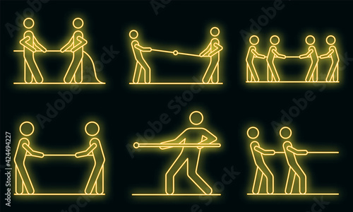Tug of war icons set. Outline set of tug of war vector icons neon color on black