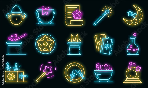 Wizard tools icons set. Outline set of wizard tools vector icons neon color on black