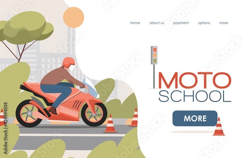 Moto school vector flat landing page template with text space. Man riding on motor bike between caution cones, practicing driving, learn rules to pass driving exams. Motorcycle driving lessons design.