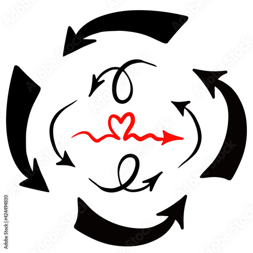 collection of red and black hand drawn arrows signs and highlighting elements. Illustration drawn with crayon and colored pencil brushes