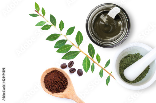 Dry Henna leaf  Herbal Henna hair dye powder and coffee powder in wooden on wood table. Natural product for organic hair colouring concept.