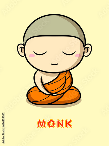 Buddhist monk in orange robes sitting in meditation. Cute cartoon thailand monk meditating vector illustration.