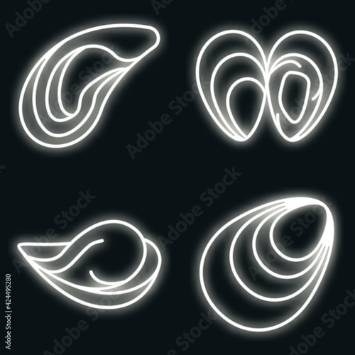 Mussels icons set. Outline set of mussels vector icons neon color on black