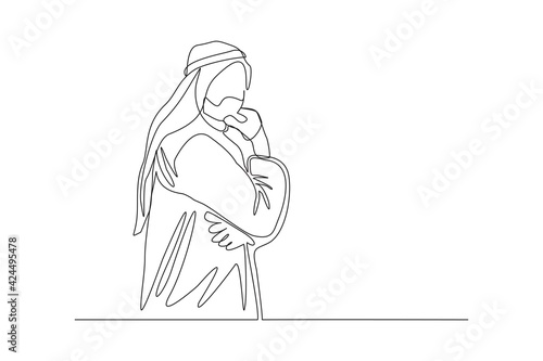 Continuous line drawing of Islamic arabic pensive male standing looking away against. Single one line drawing of standing middle east muslim man thinking. Vector illustration